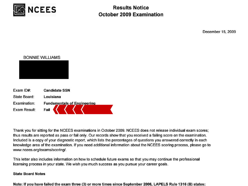 FE Exan Results Bonnie W R1