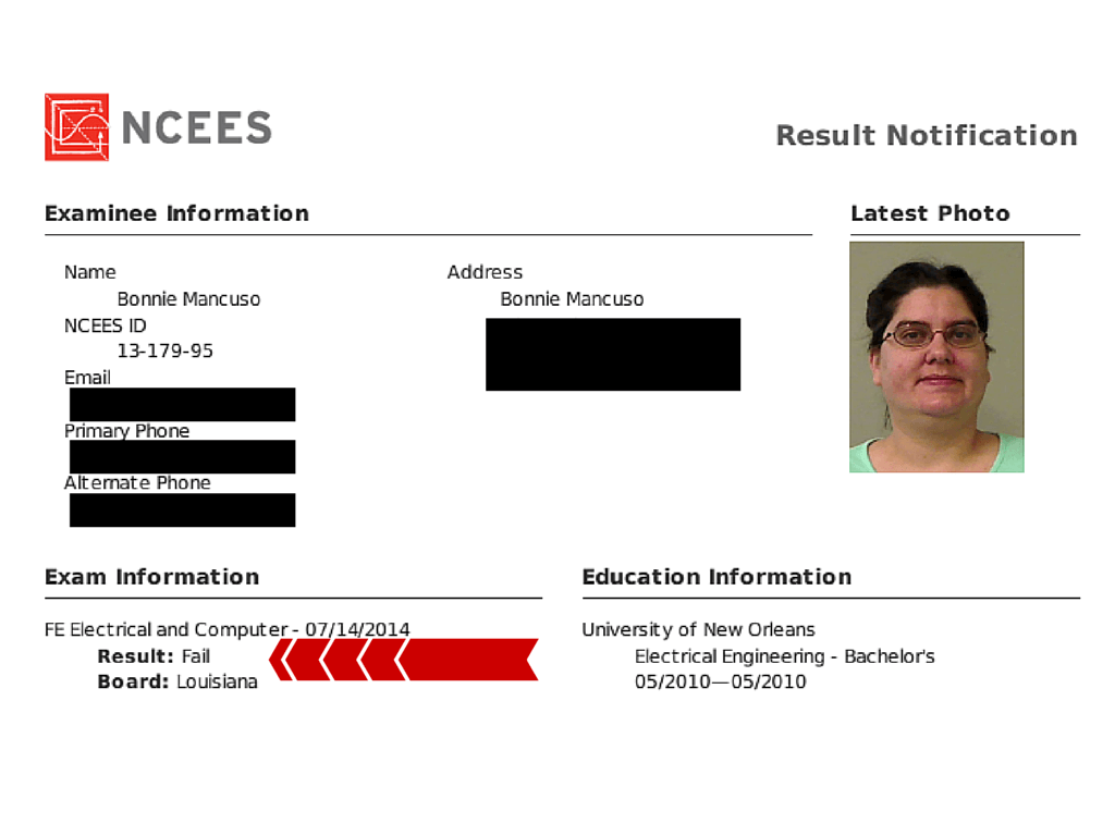 FE Exam Result Bonnie W 5